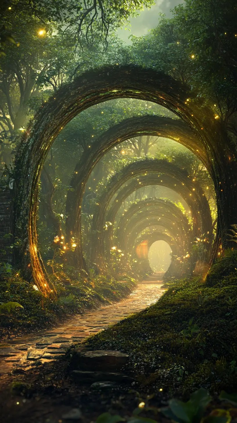 Whimsical arched doorways in a radiant enchanted forest