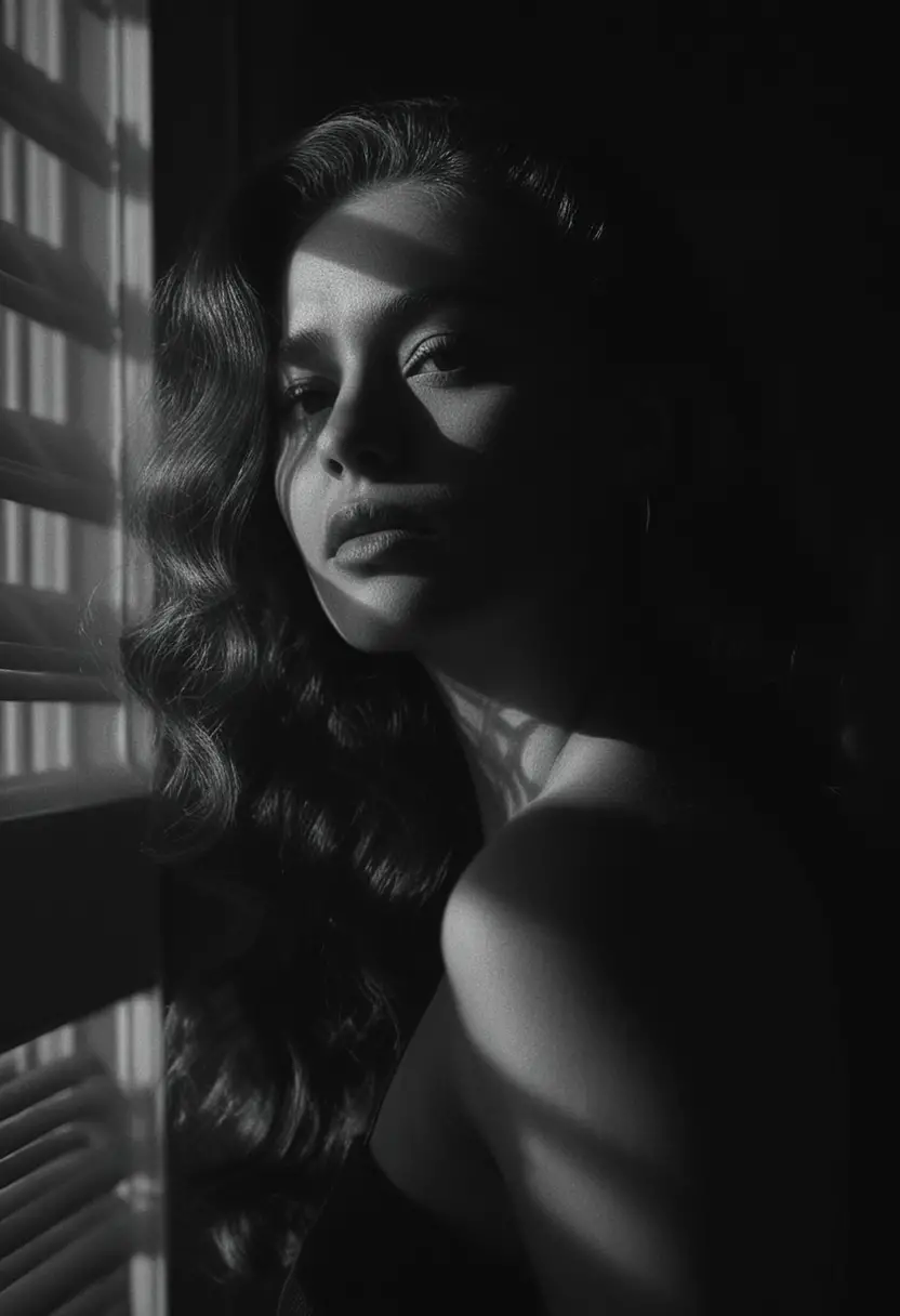 Moody film noir portrait of a woman by window blinds
