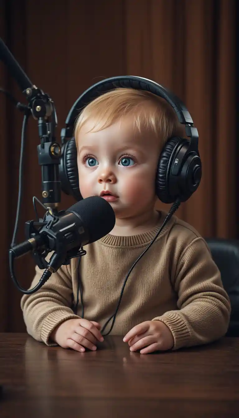 Baby podcast host wearing headphones in warm studio