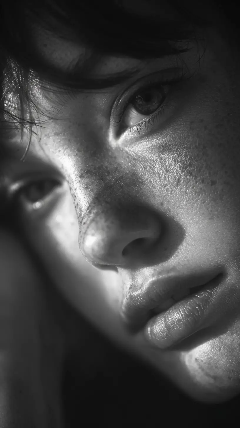 Intimate black and white close up contemplative portrait