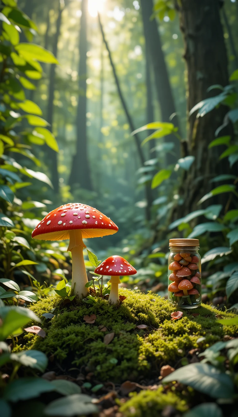 Sunlit forest with red spotted mushrooms on moss