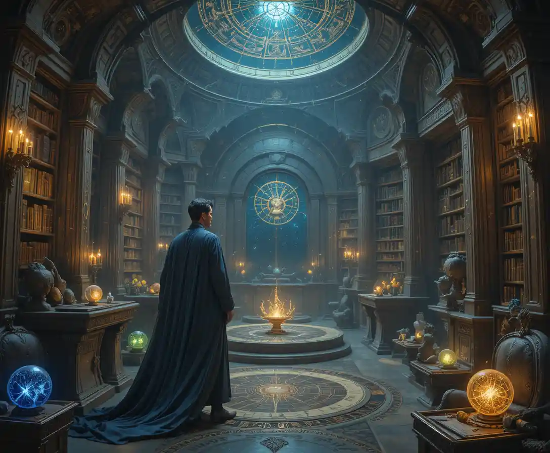 Ancient Librarian In A Cosmic Artifact Chamber