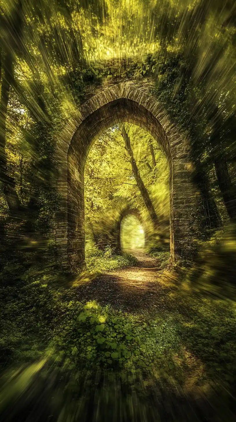 Whimsical arched doorways in a radiant enchanted forest