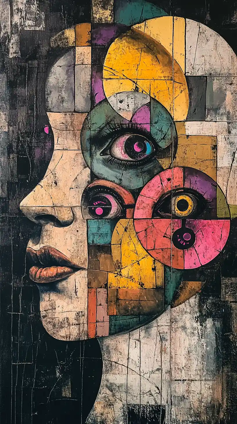 Surreal cubist portrait of fragmented mechanical human faces