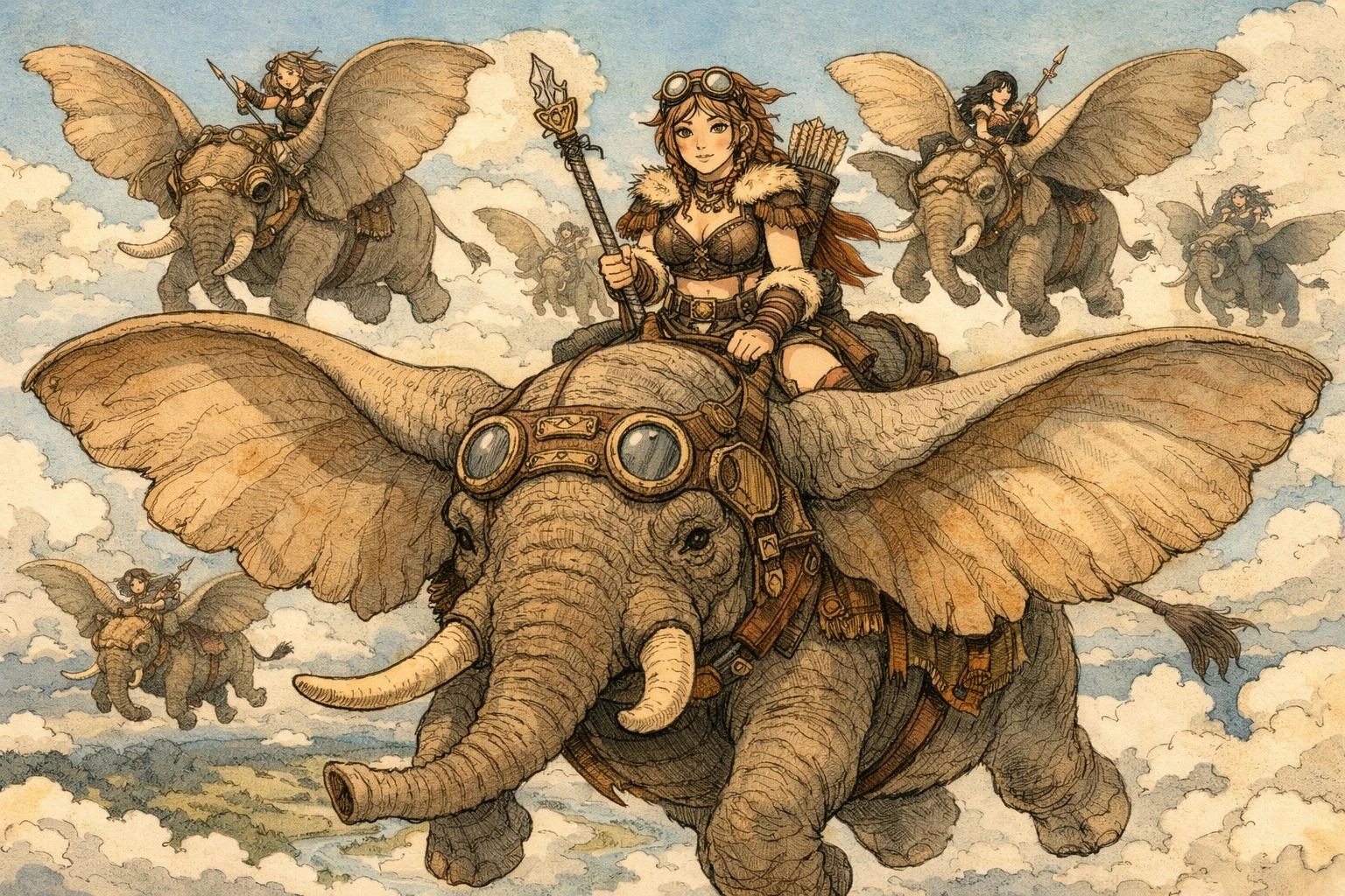 Ragazza guerriera steampunk che cavalca un elefante africano volante