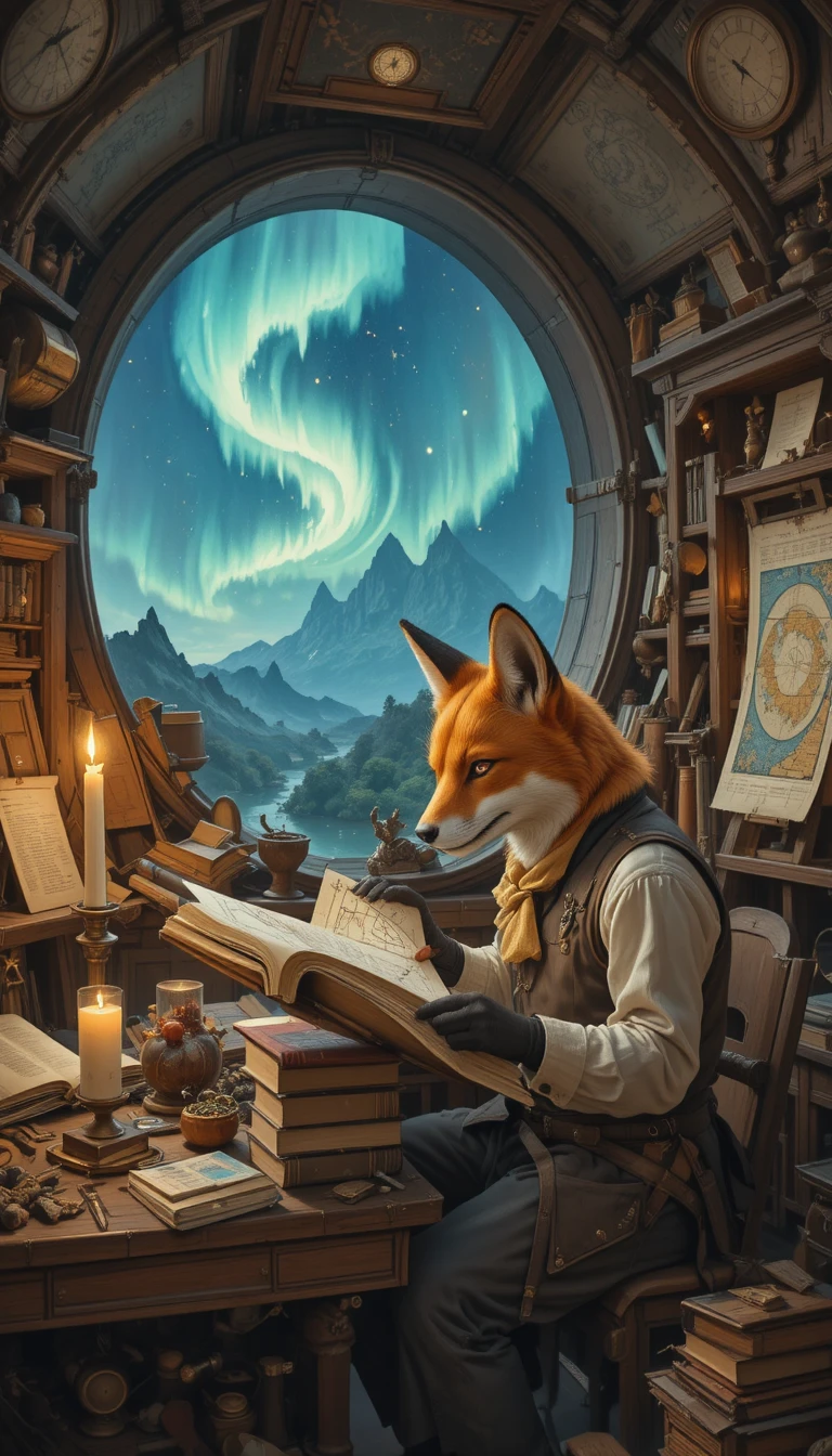 Anthropomorphic Fox Scholar Studying An Ancient Map By Candlelight