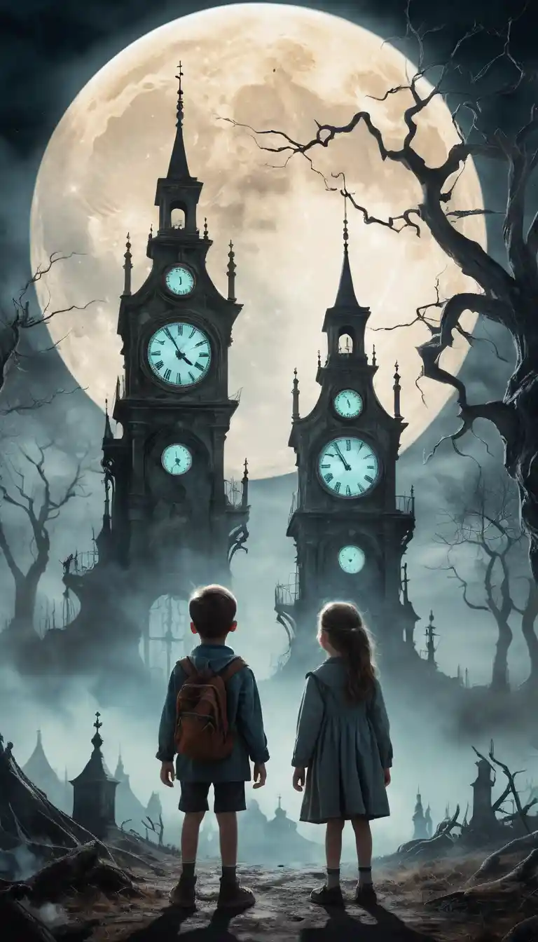 Two children under a surreal moon in a dreamlike landscape