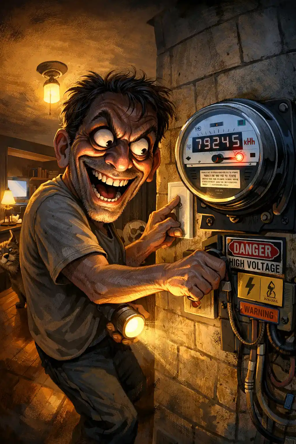 Ängstlicher Mann, der im Haus das Licht ausschaltet, in karikaturhafter Szene
