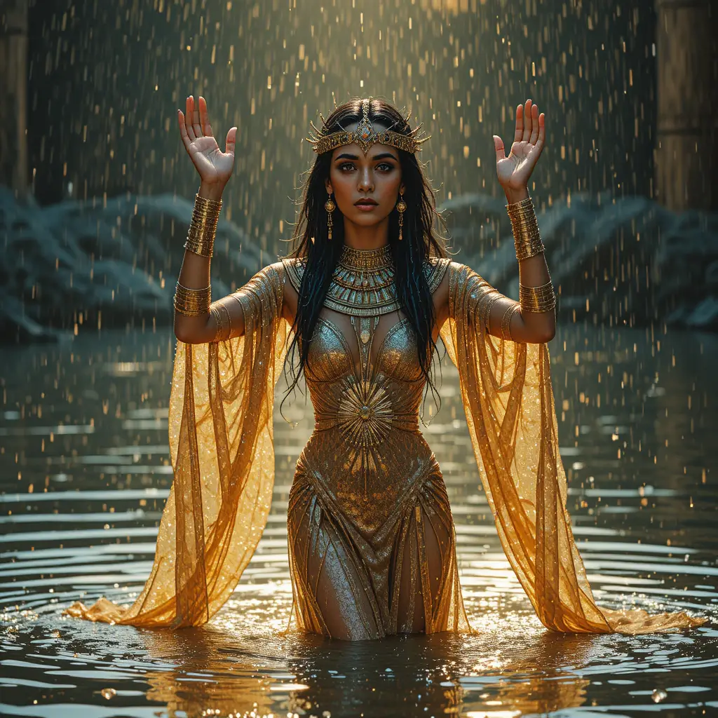 Ancient Egyptian queen in golden dress standing in the Nile