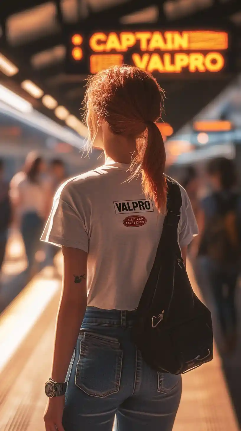 Jovem viajante em uma plataforma de estação moderna banhada pelo sol