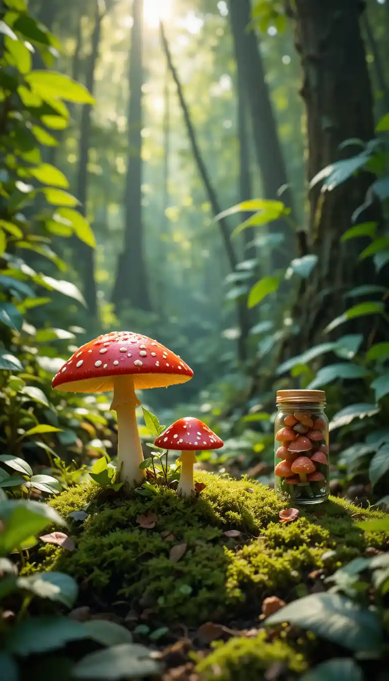 Sunlit forest with red spotted mushrooms on moss