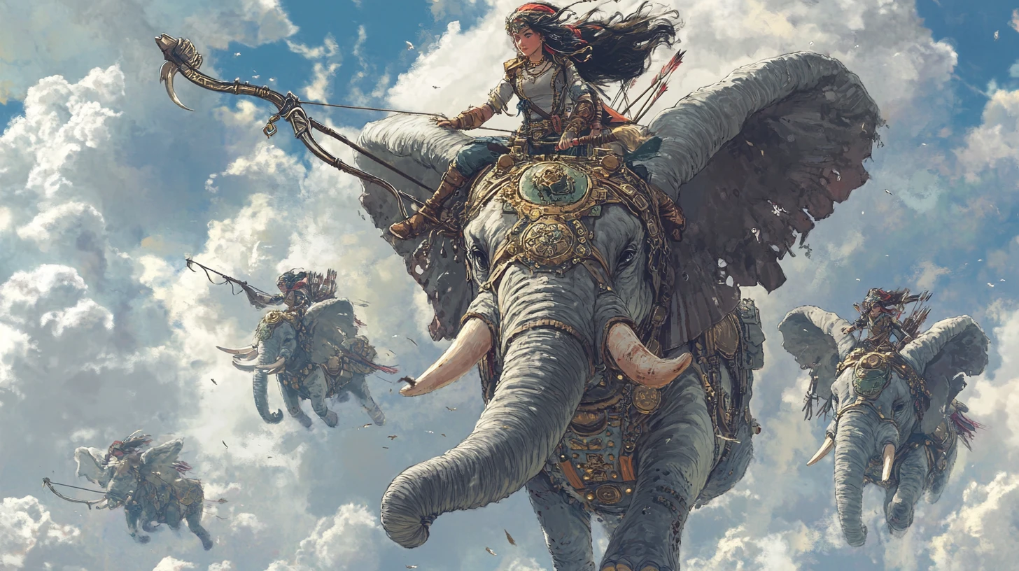 Guerriera steampunk che cavalca un elefante africano volante