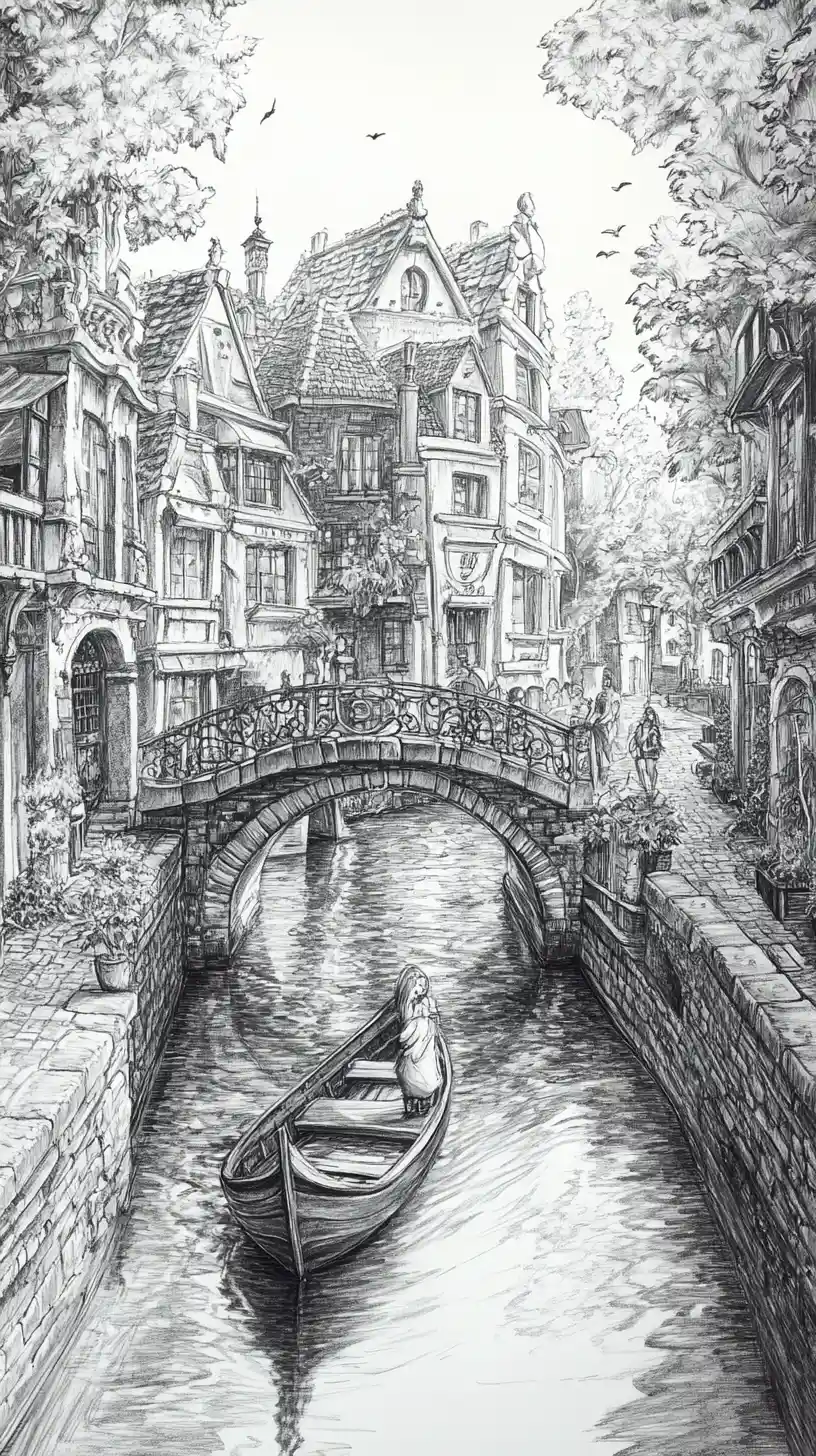 Mädchen, das an einer ruhigen europäischen Kanalbrücke entlanggeht