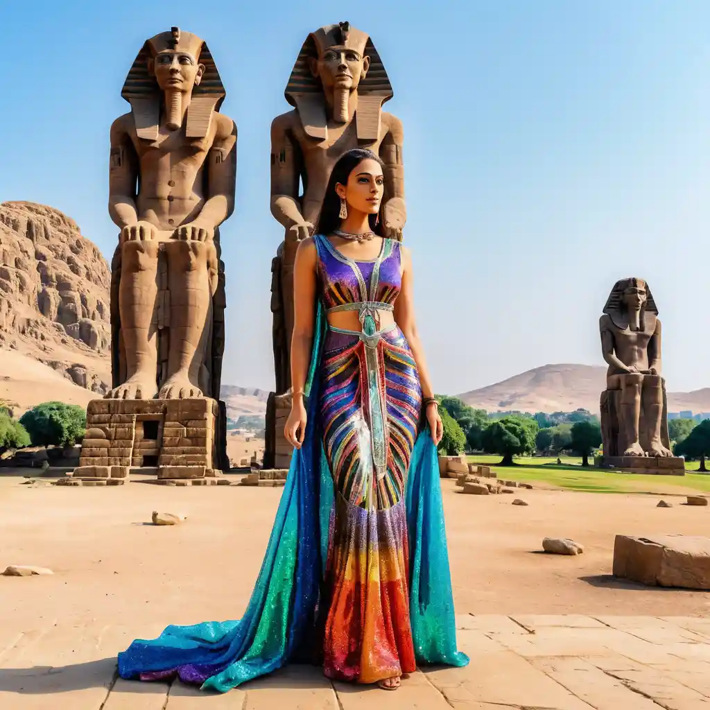 Ancient Egyptian woman in glittering dress before stone colossi