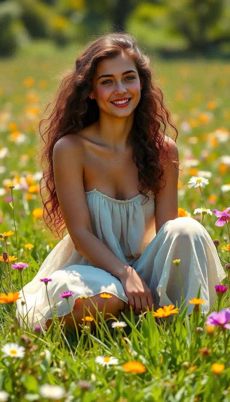 Giovane donna che sorride alla luce del sole tra i fiori di campo