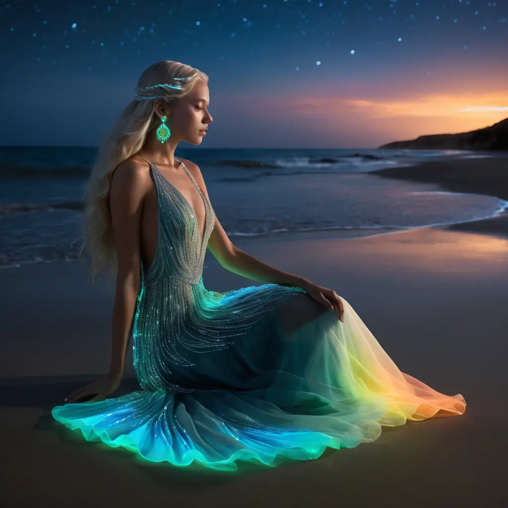 Mujer surreal luminosa en una playa oscura de noche