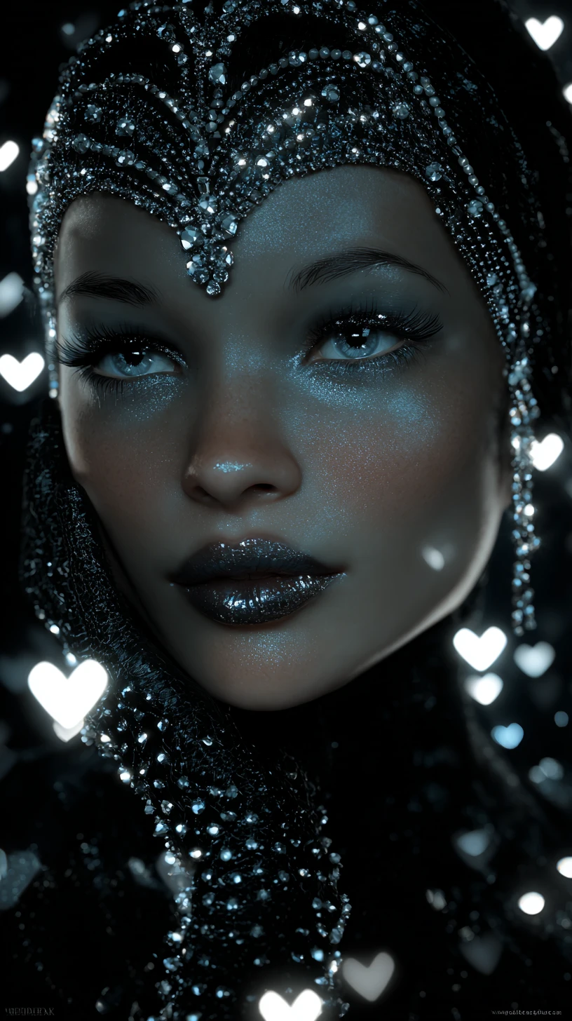 Glamorous goth woman smiling in jeweled futuristic portrait
