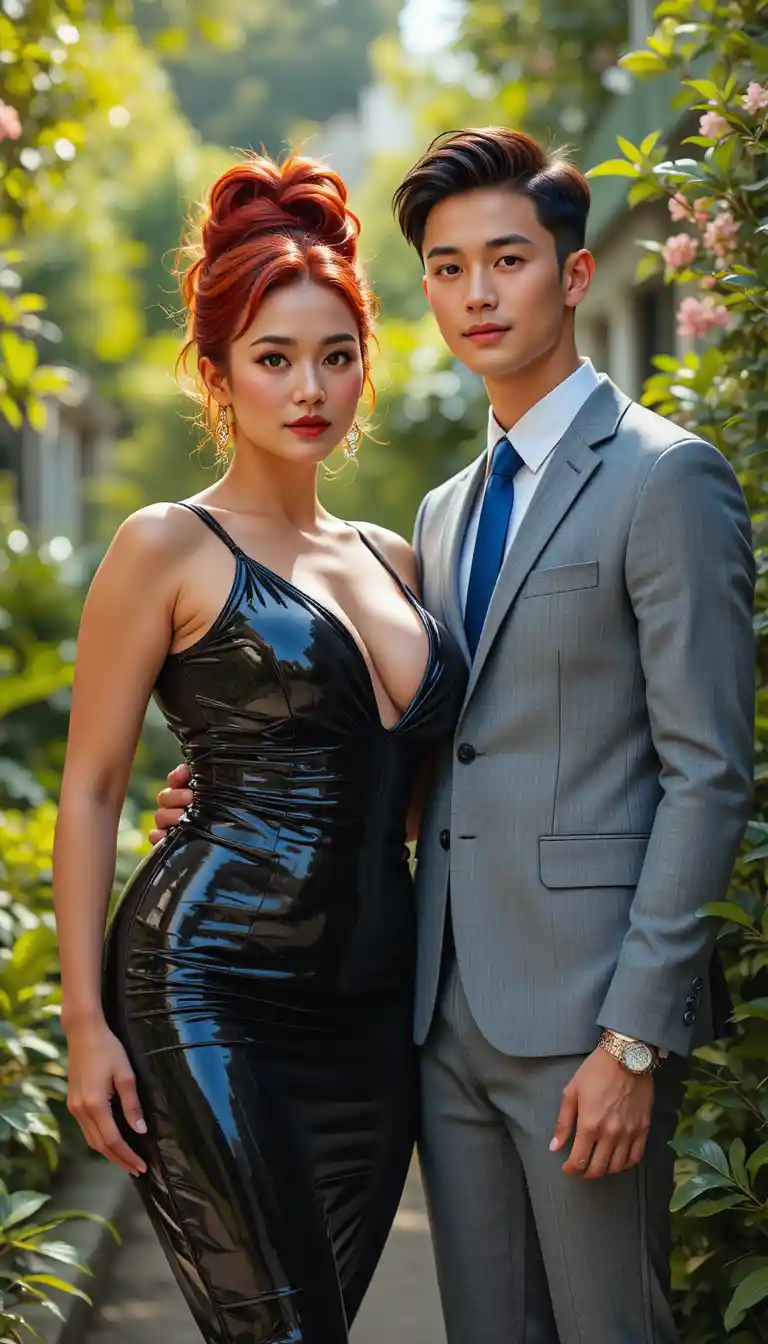 Stylish older woman in latex with man in gray suit