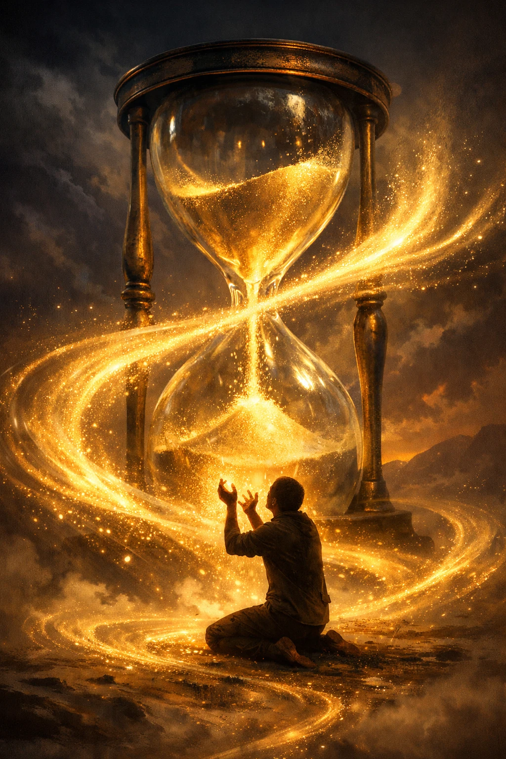 Surreal giant hourglass with glowing sand around a person