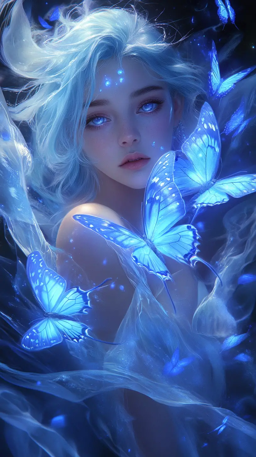 Ethereal blue haired woman with glowing crystalline butterflies