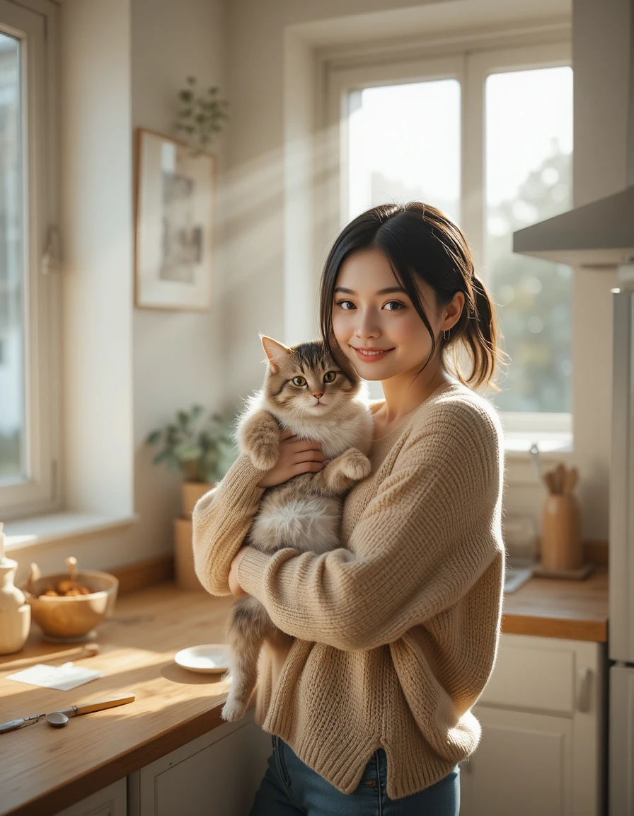 Giovane donna sorridente che tiene in braccio un gatto soffice alla luce del sole