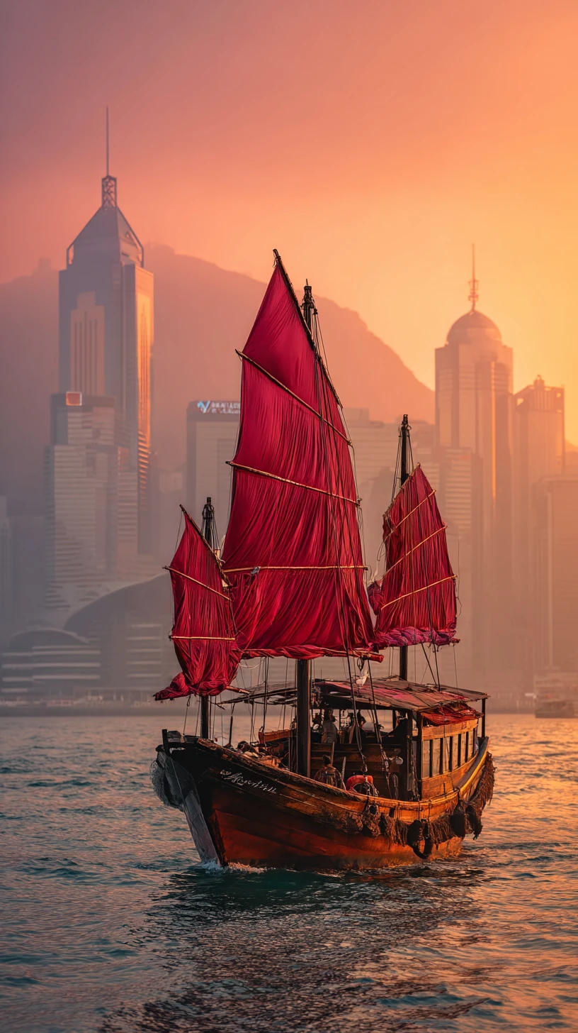 Hongkonger Dschunke bei Sonnenuntergang im ruhigen Victoria Harbour