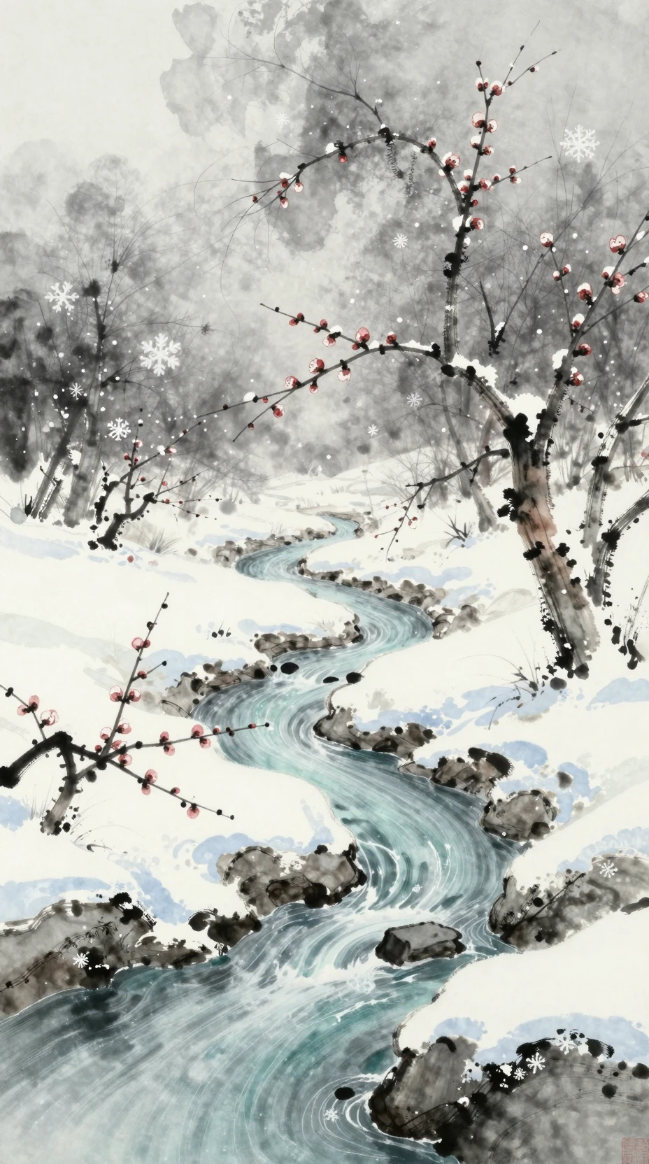 Snow covered winter landscape in delicate ink wash illustration