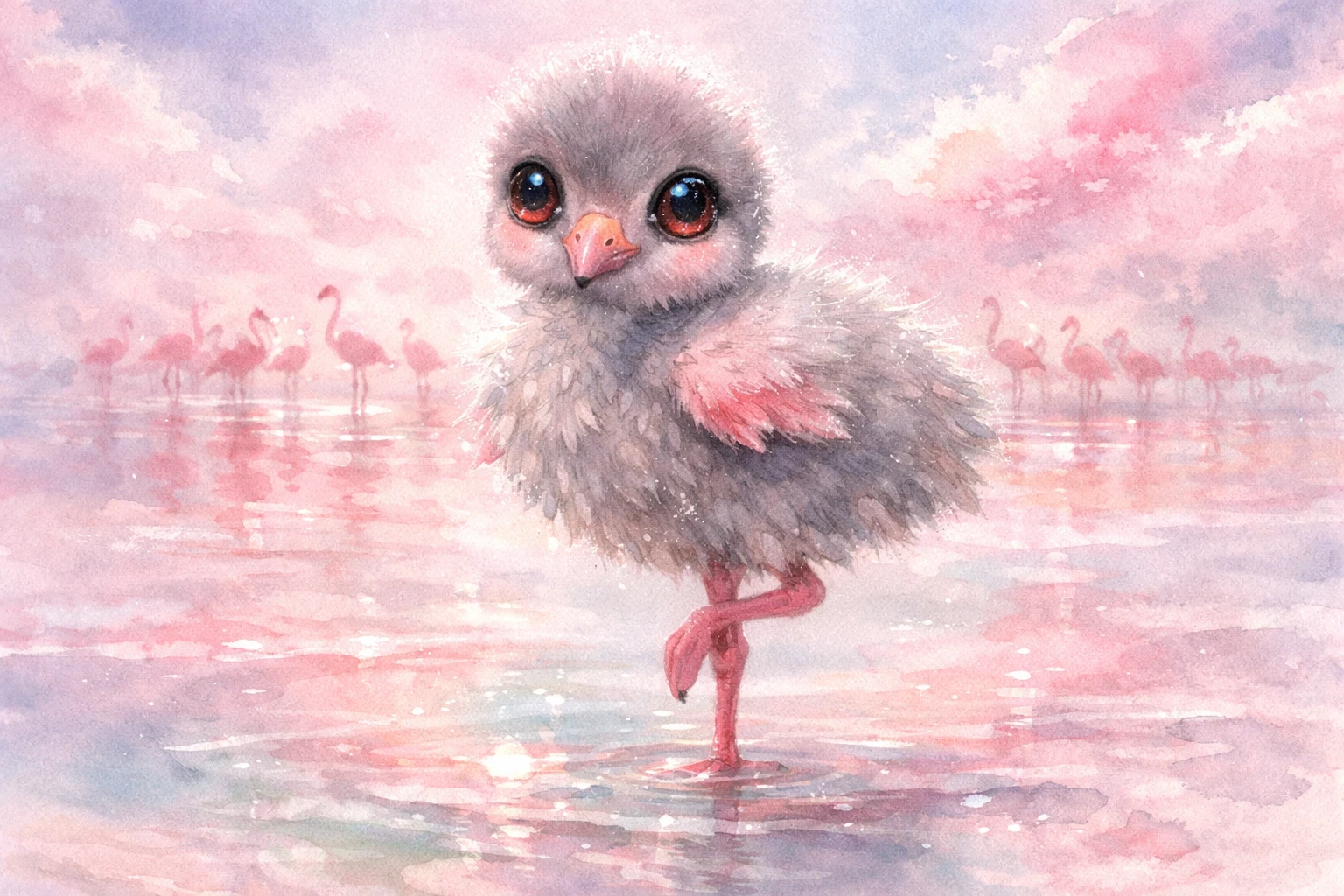 Baby flamingo chick in serene watercolor lagoon scene