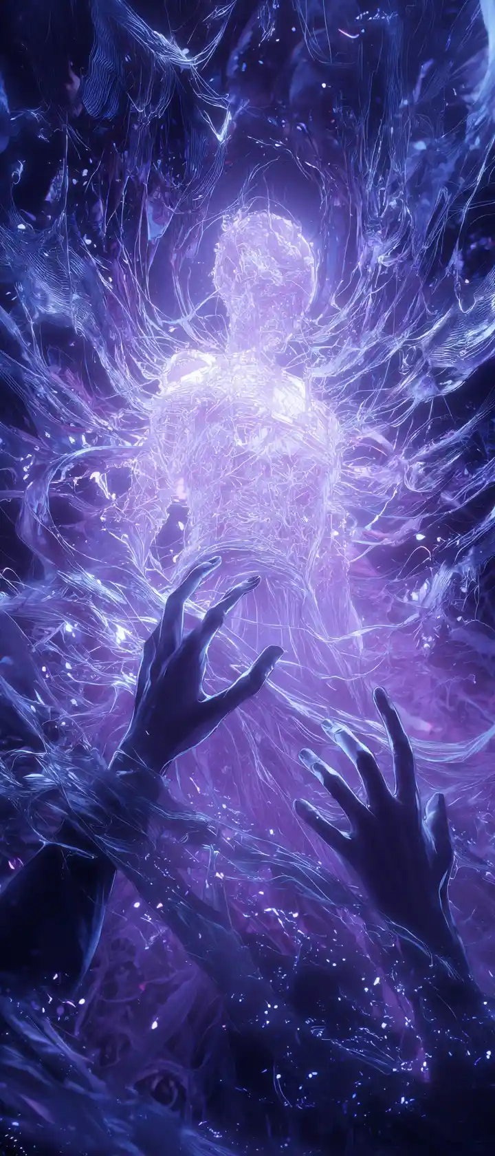 Ghostly figure drifting in a biomechanical storm of decay
