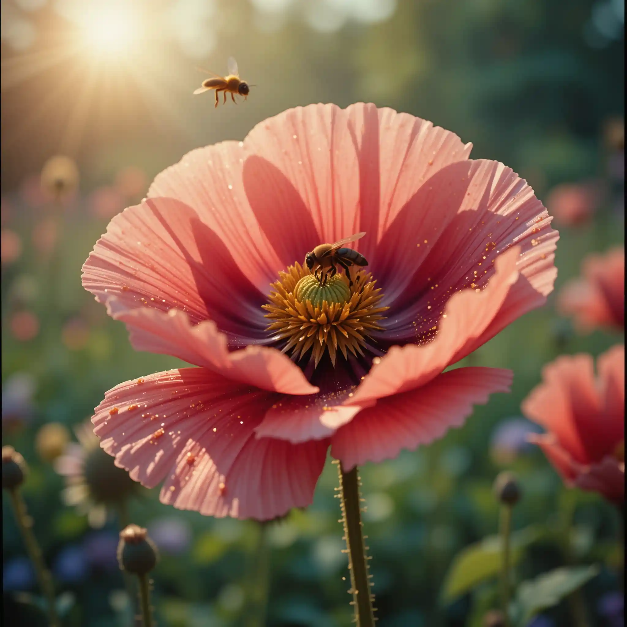Macro poppy flower with bee in warm morning light