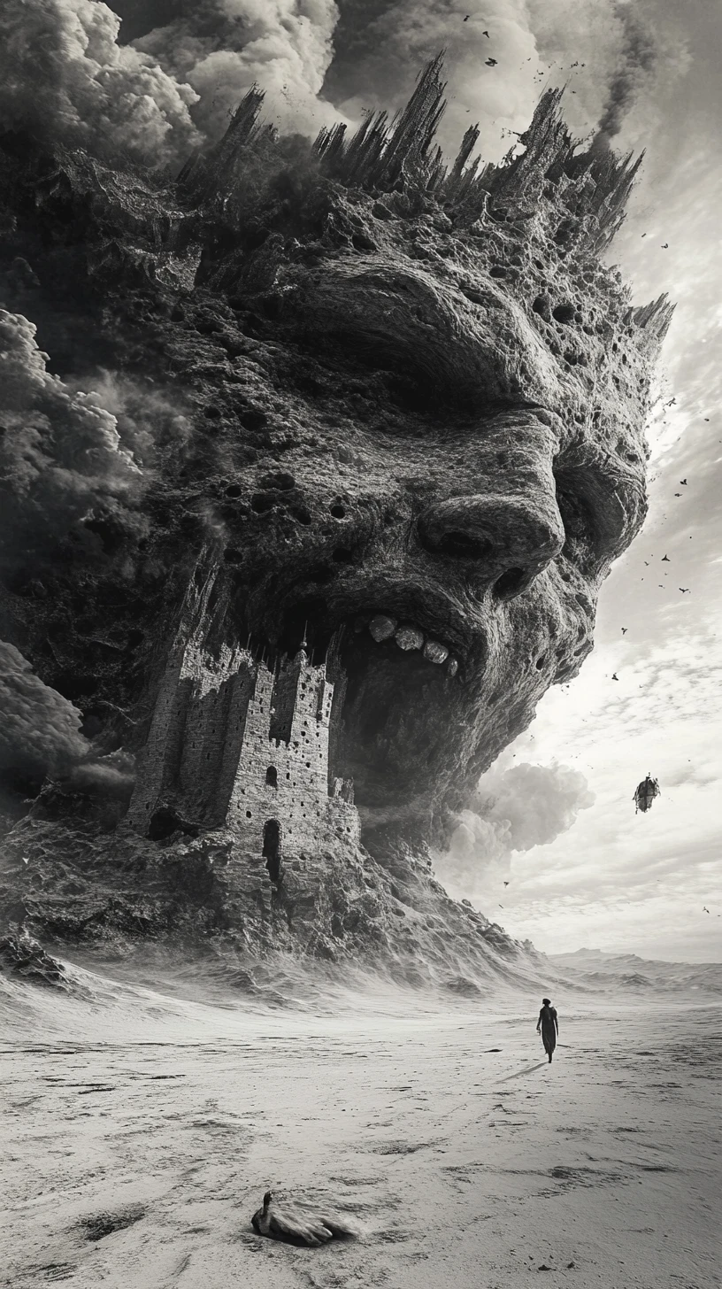 Lone warrior guarding a fragile sand castle by the sea