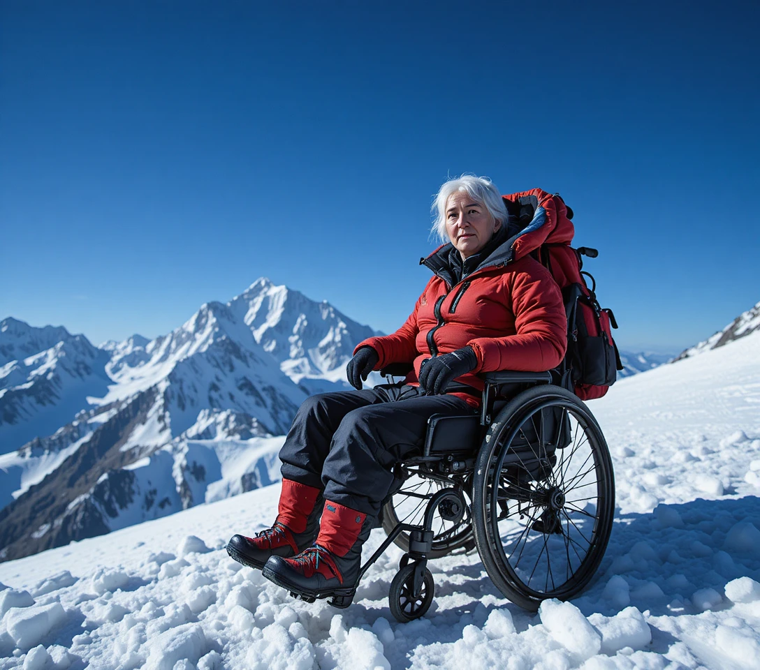 坐在輪椅上的高齡婦人在雪白的 K2 山頂
