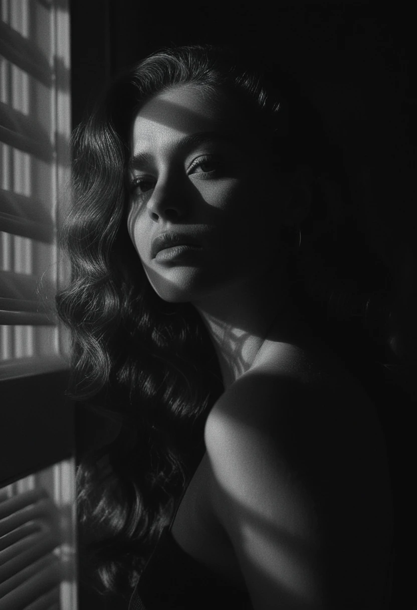 Ritratto cupo in stile film noir di una donna accanto alle veneziane