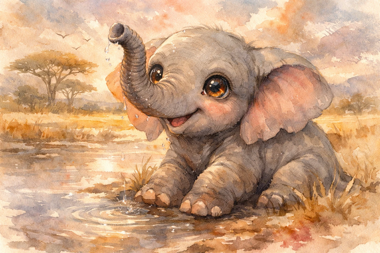 Baby-Elefant an einem ruhigen Savannen-Wasserloch