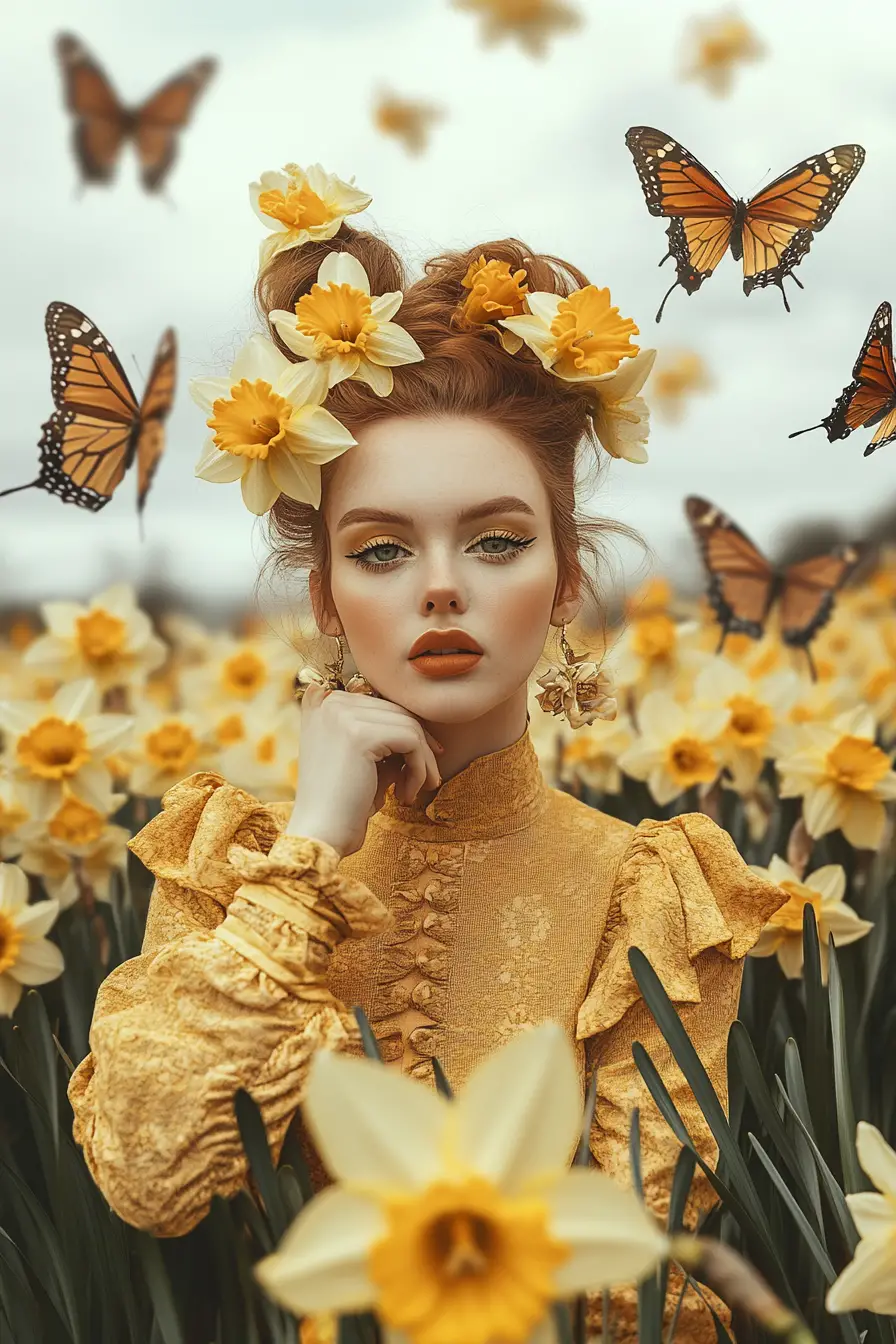 Woman in yellow dress among daffodils with butterflies