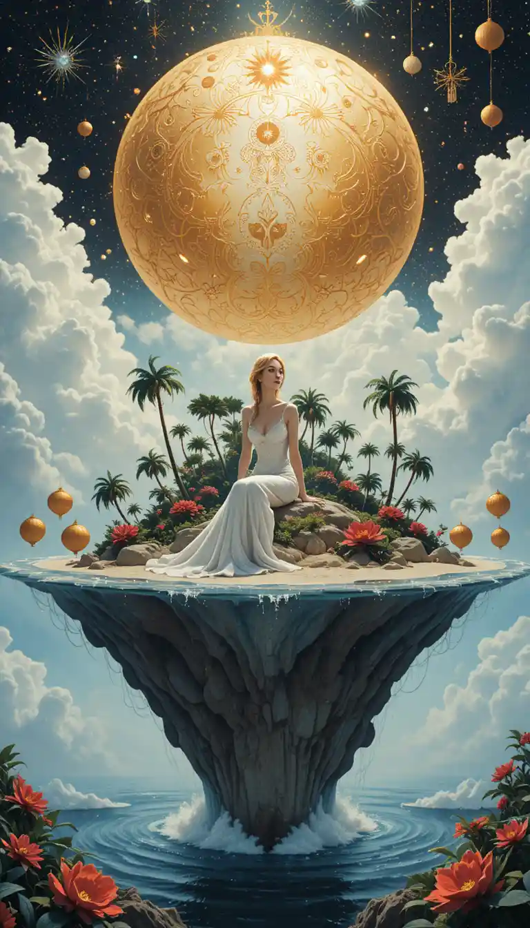 Beautiful girl resting on a small fantasy dream island