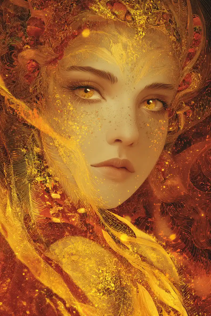 Mystische Frau in goldener Sonnenaufgangs-Art-Nouveau-Traumlandschaft