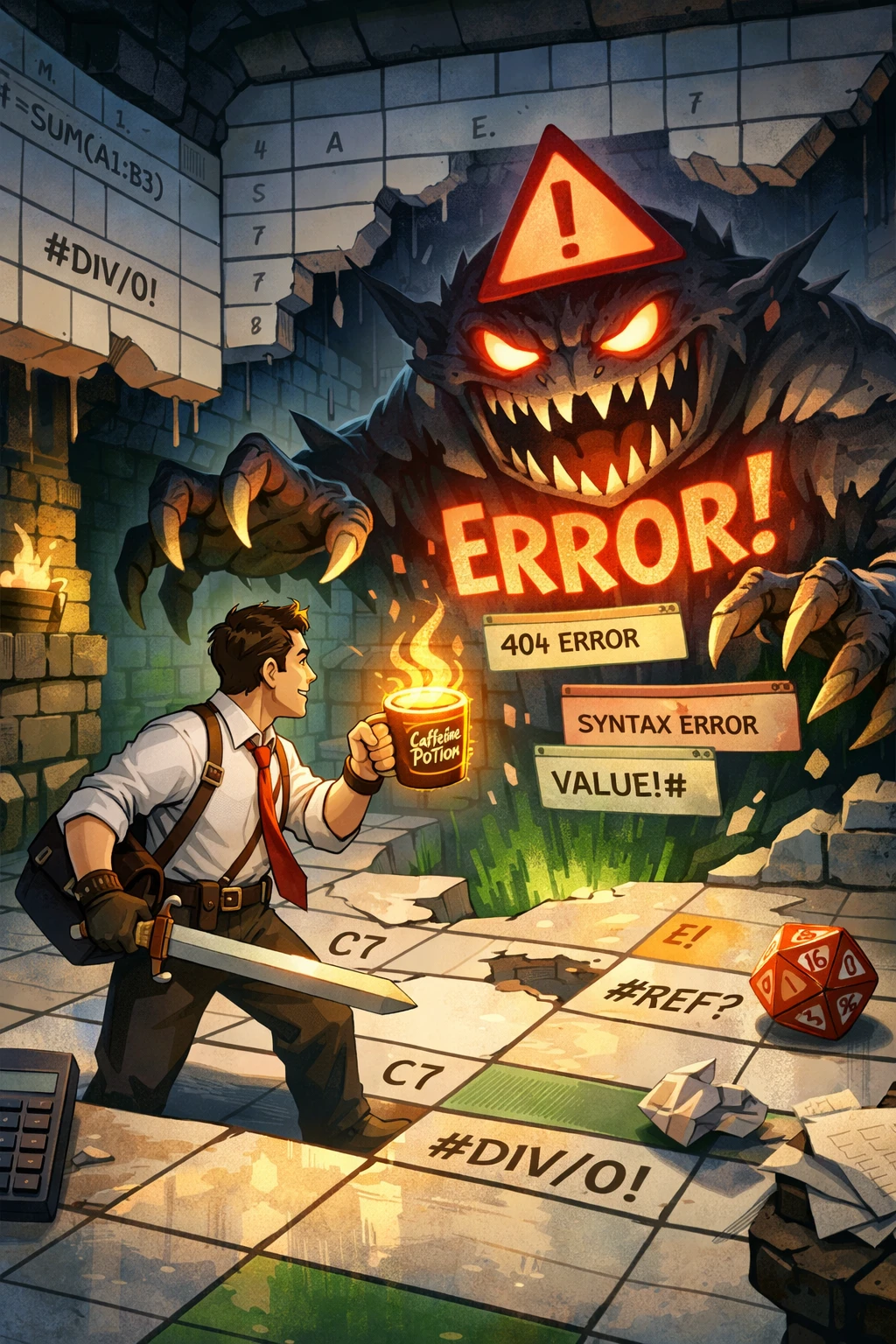 Office worker hero in a fantasy dungeon of giant spreadsheets
