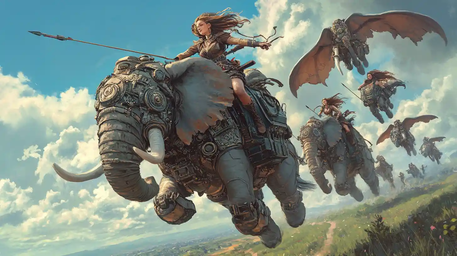 Steampunk warrior girl riding a flying African elephant