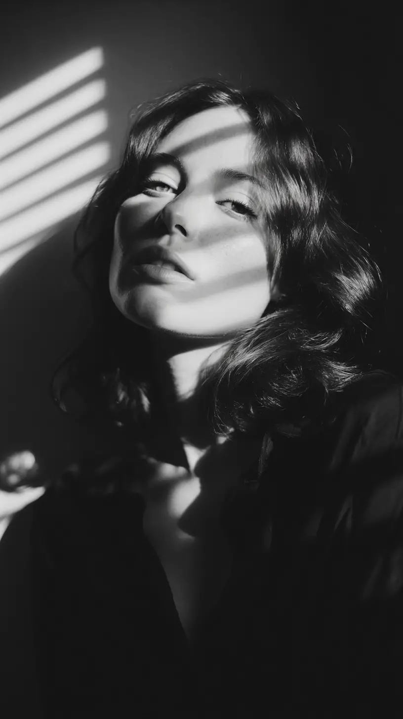 Ritratto film noir di una donna accanto alle veneziane della finestra