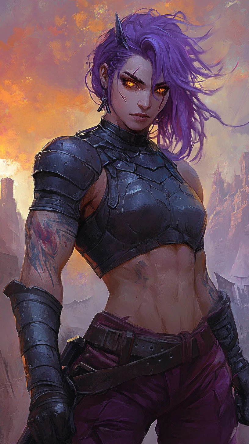 Close up of tattooed anime warrior woman in armor