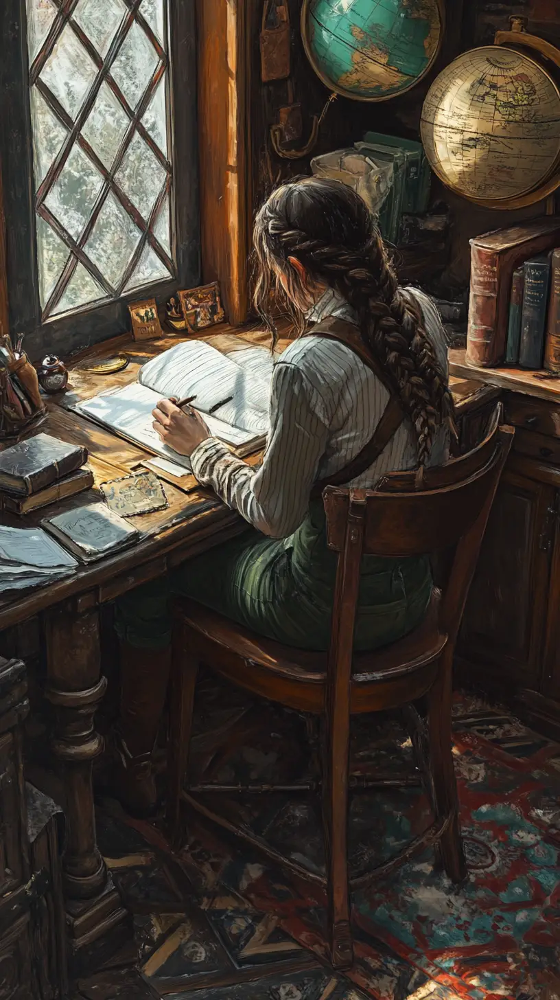 Studentessa concentrata che scrive a una scrivania di legno in uno studio caldo