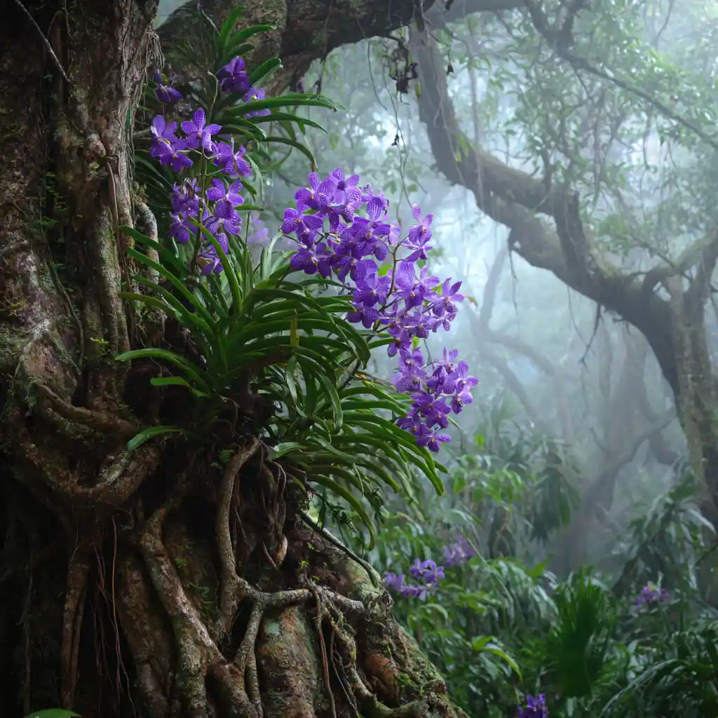 Lila Vanda-Orchidee, die auf einem uralten Regenwaldbäumen blüht