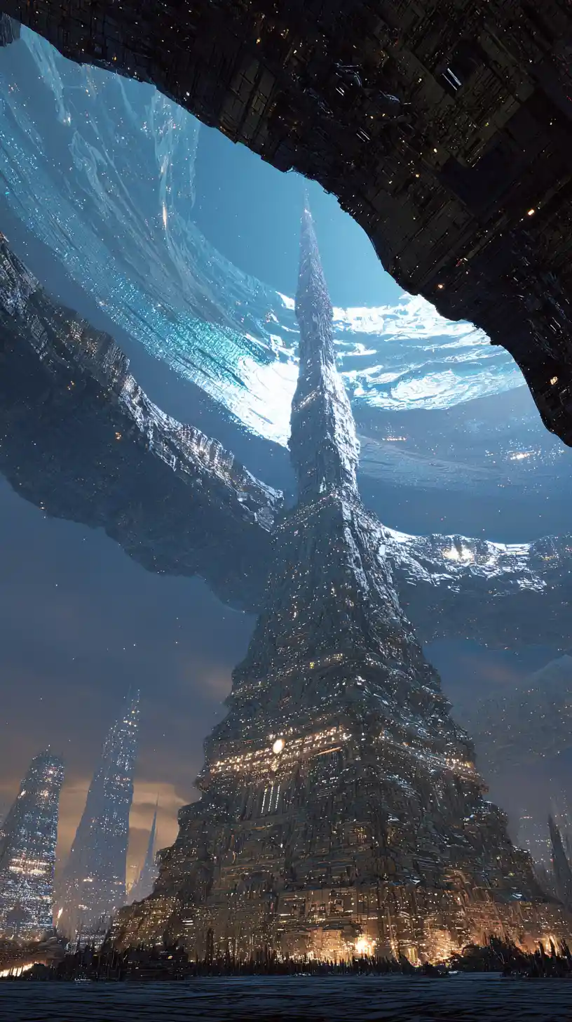 Obelisco surreale che si innalza in una scena astratta ed energetica