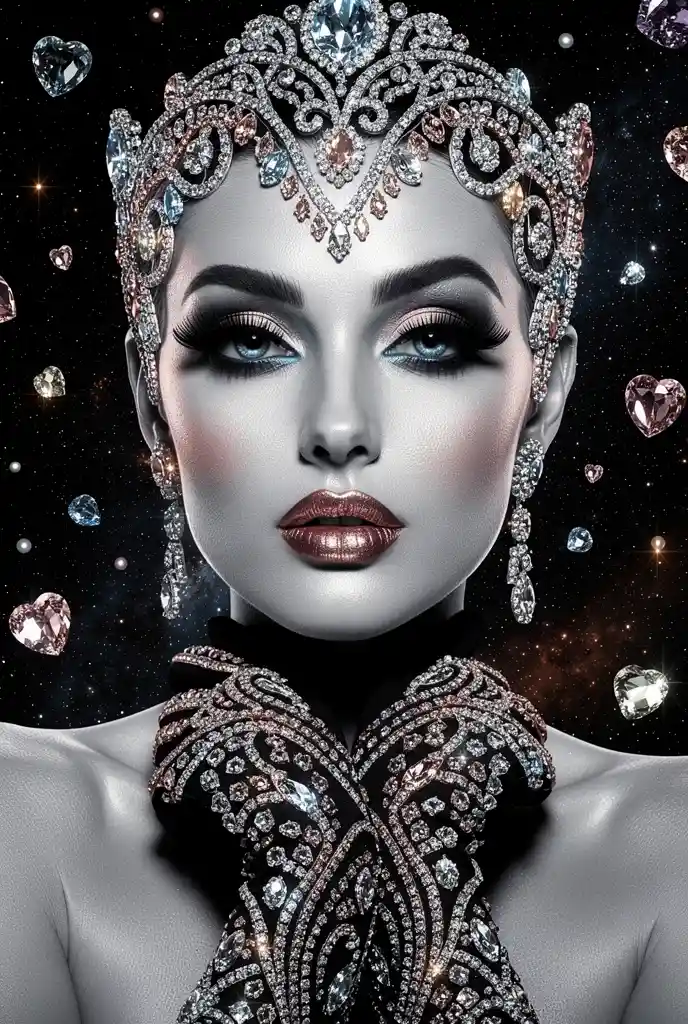 Glamorous goth woman smiling in jeweled futuristic headpiece