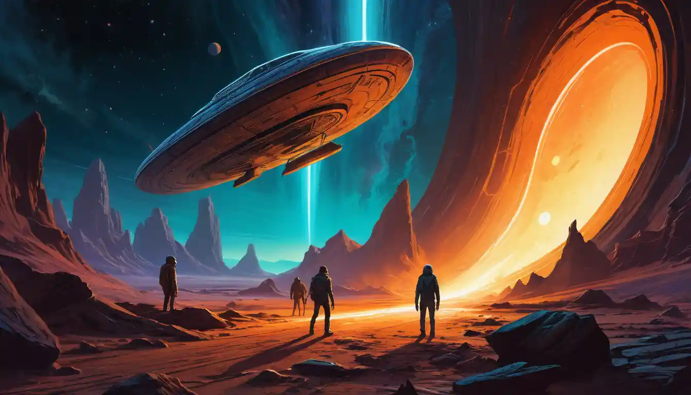 Alien adventurers pulled toward a glowing cosmic snare