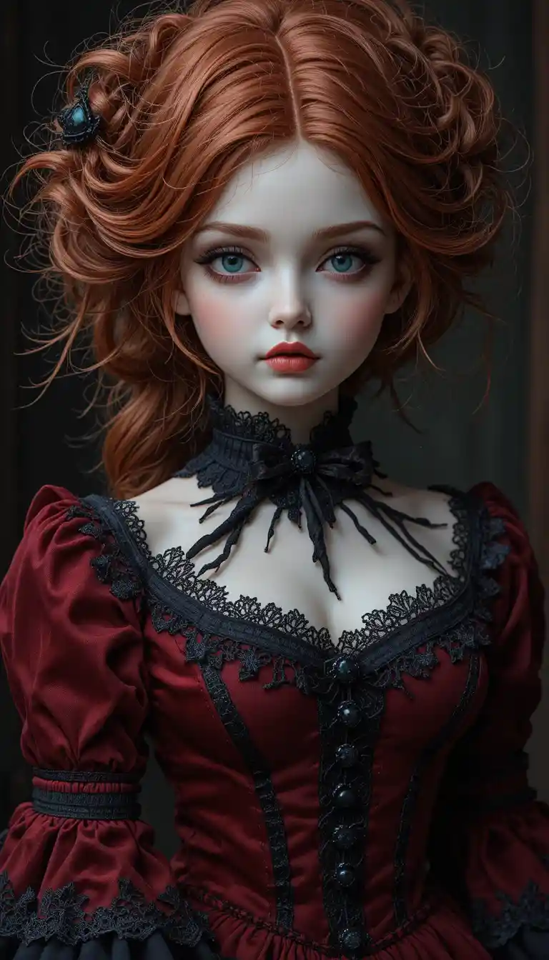 Porcelain doll in red Victorian dress with dramatic shadows