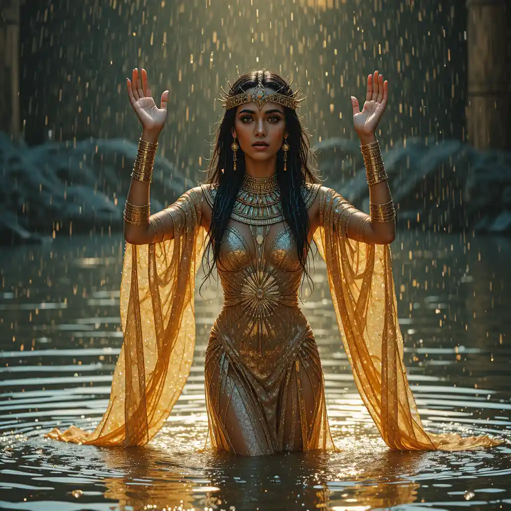 Ancient Egyptian queen in golden dress standing in the Nile