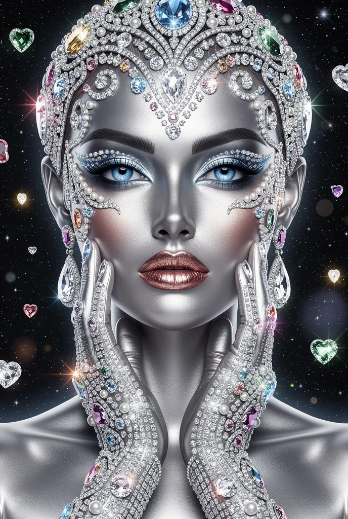 Futuristic jeweled woman portrait with radiant glowing smile