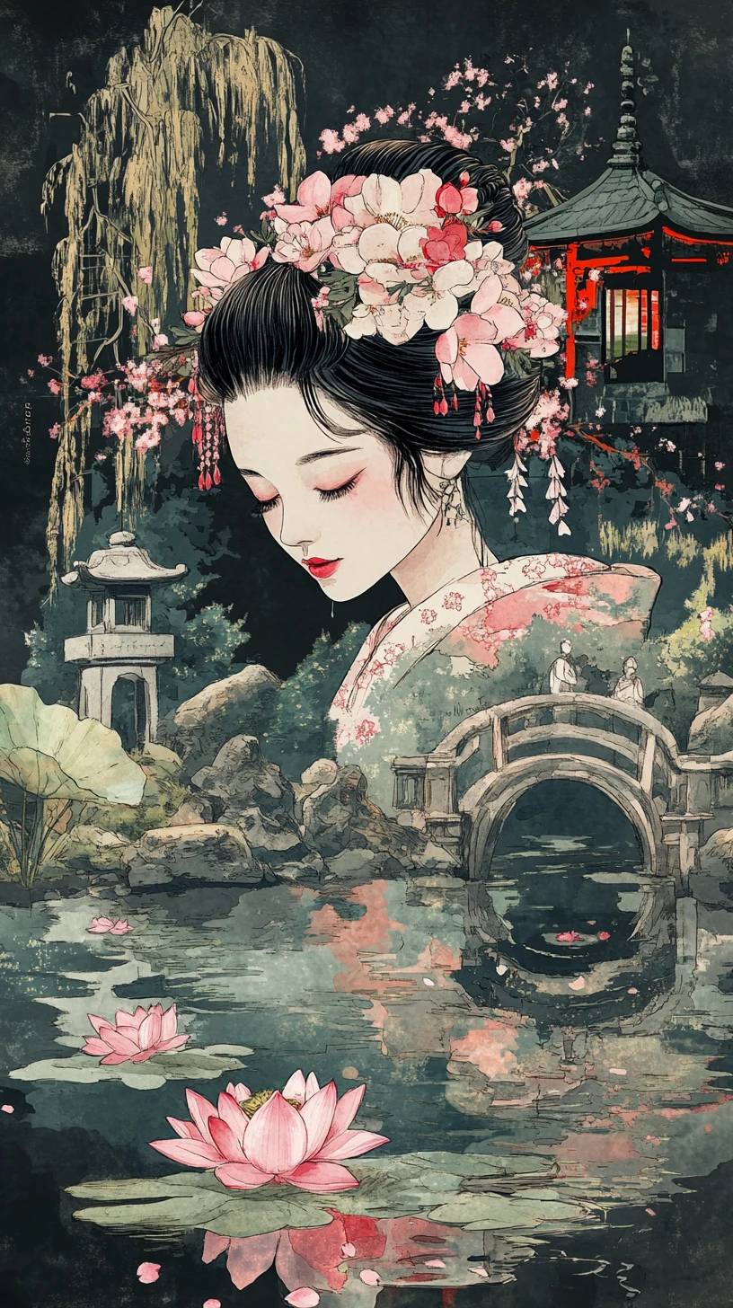 Japanese woman in kimono merging with tranquil garden